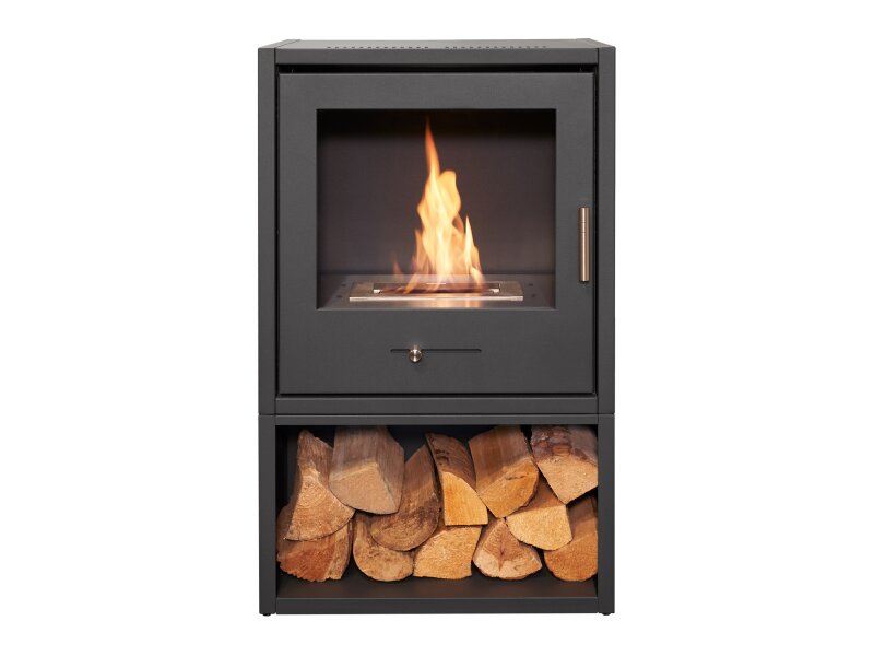OKO S3 Bio Ethanol Stove with Log Storage in Charcoal Grey