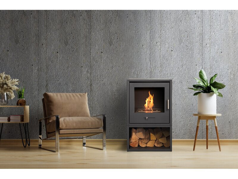 OKO S3 Bio Ethanol Stove with Log Storage in Charcoal Grey