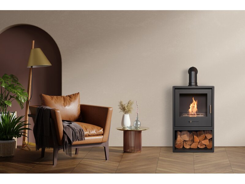 OKO S3 Bio Ethanol Stove with Log Storage in Charcoal Grey & Angled Stove Pipe