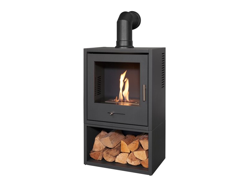 OKO S3 Bio Ethanol Stove with Log Storage in Charcoal Grey & Angled Stove Pipe