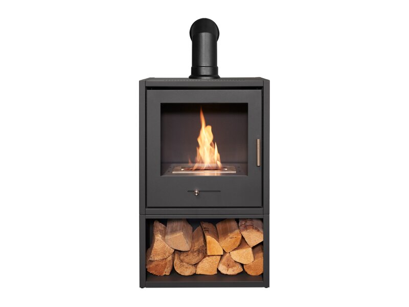 OKO S3 Bio Ethanol Stove with Log Storage in Charcoal Grey & Angled Stove Pipe