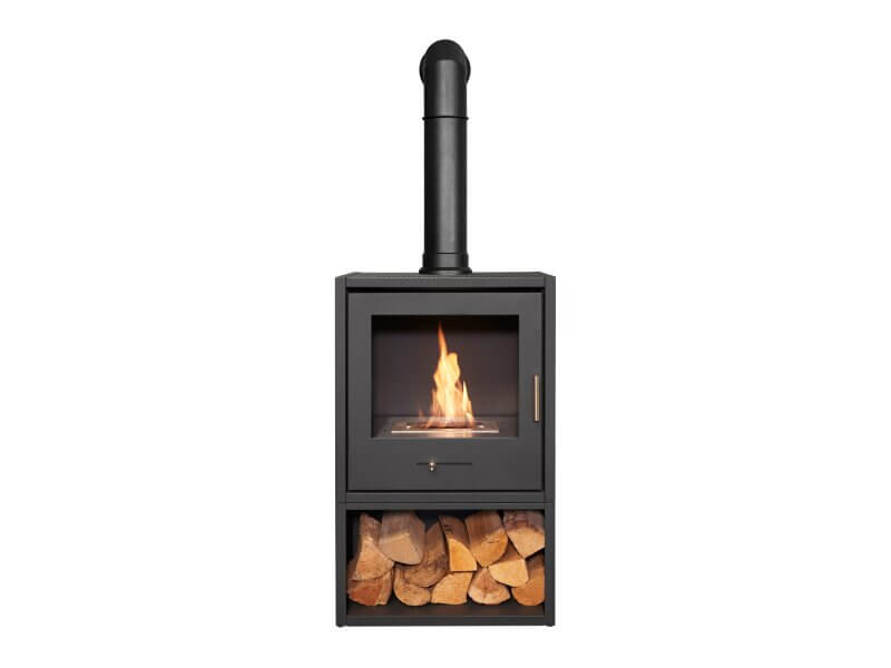 OKO S3 Bio Ethanol Stove with Log Storage in Charcoal Grey & Tall Angled Stove Pipe