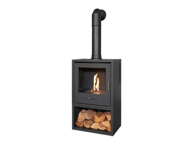 OKO S3 Bio Ethanol Stove with Log Storage in Charcoal Grey & Tall Angled Stove Pipe