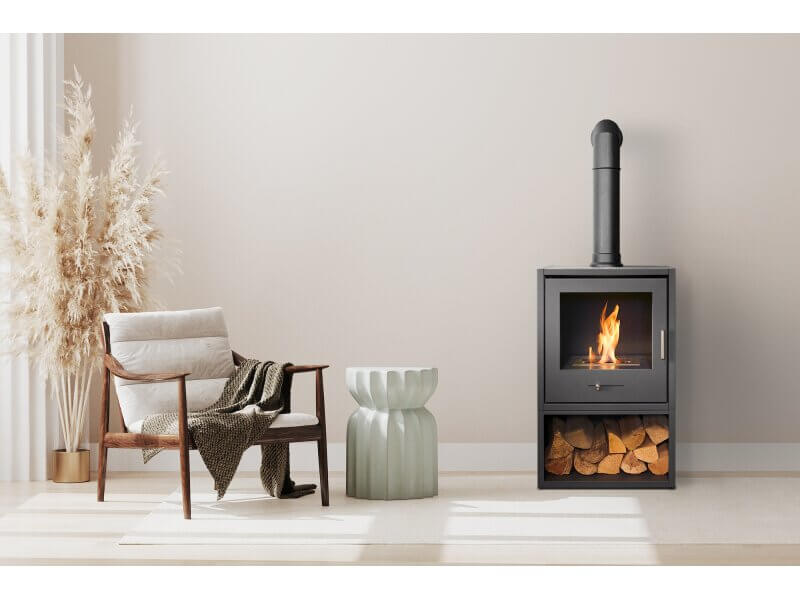 OKO S3 Bio Ethanol Stove with Log Storage in Charcoal Grey & Tall Angled Stove Pipe