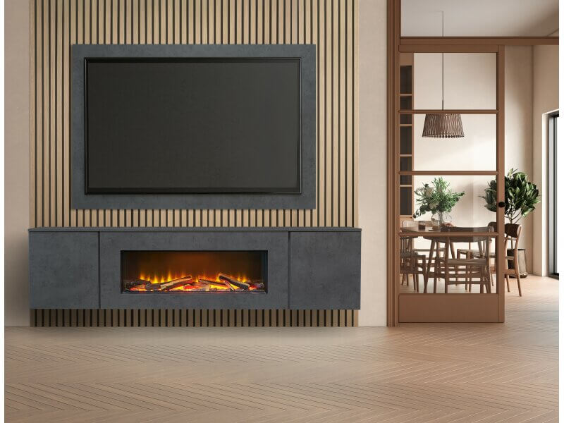 Acantha Orion XO Electric Floating Media Wall Suite in Slate Effect with TV Board & Natural Oak Wall Panels