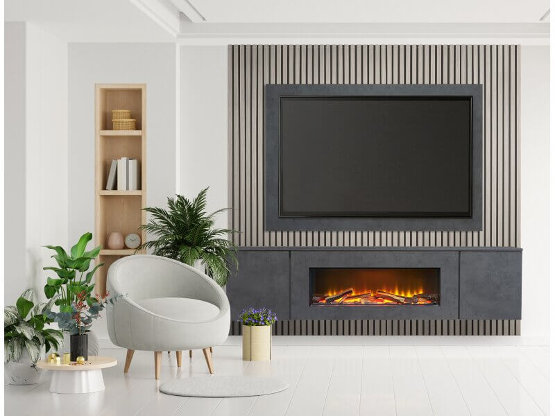 Acantha Orion XO Electric Floating Media Wall Suite in Slate Effect with TV Board & Grey Oak Wall Panels