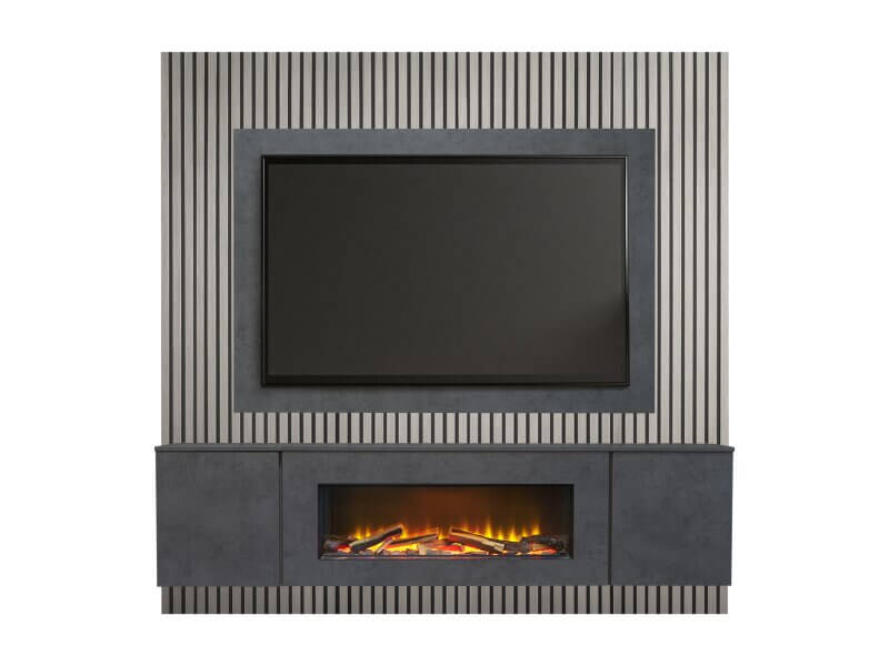 Acantha Orion XO Electric Floating Media Wall Suite in Slate Effect with TV Board & Grey Oak Wall Panels