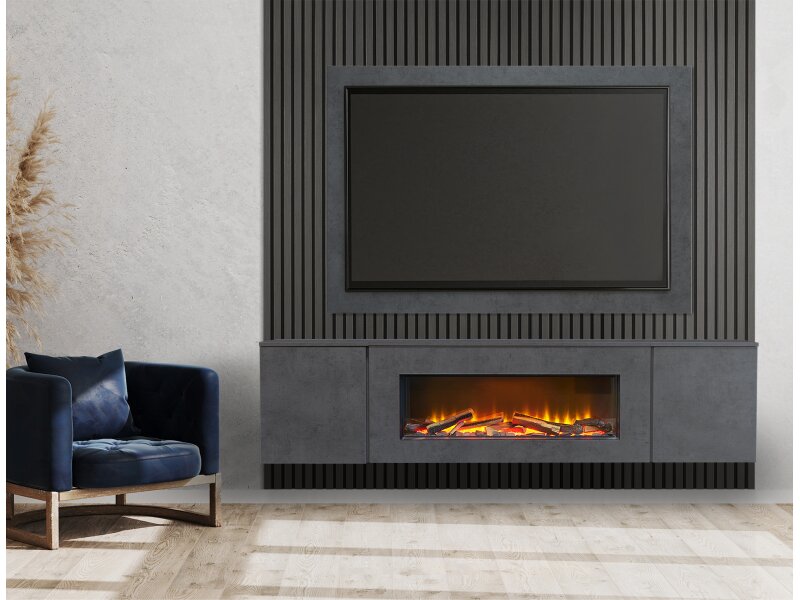 Acantha Orion XO Electric Floating Media Wall Suite in Slate Effect with TV Board & Charcoal Oak Wall Panels