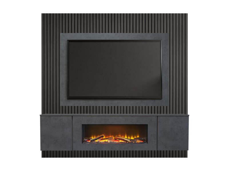 Acantha Orion XO Electric Floating Media Wall Suite in Slate Effect with TV Board & Charcoal Oak Wall Panels
