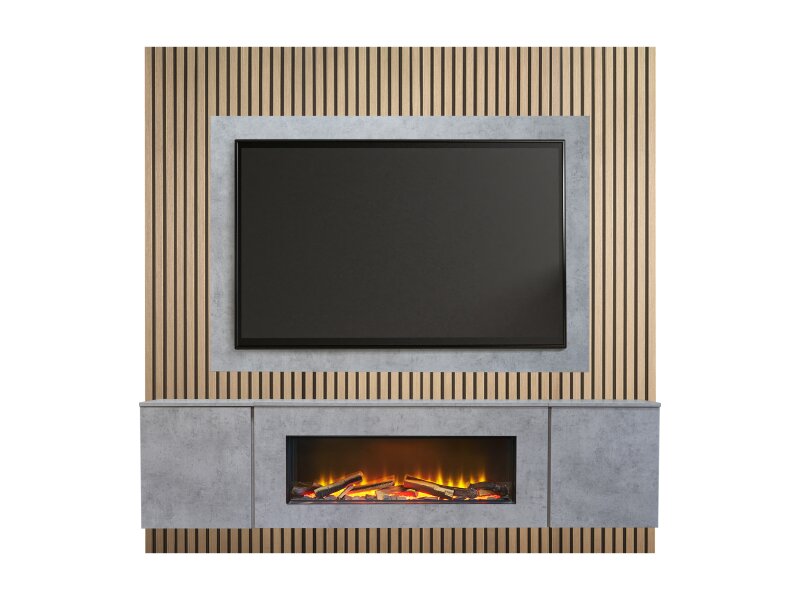 Acantha Orion XO Electric Floating Media Wall Suite in Concrete Effect with TV Board & Natural Oak Wall Panels