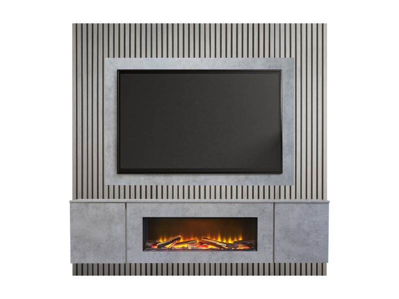 Acantha Orion XO Electric Floating Media Wall Suite in Concrete Effect with TV Board & Grey Oak Wall Panels