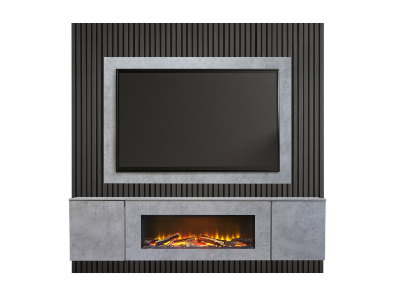Acantha Orion XO Electric Floating Media Wall Suite in Concrete Effect with TV Board & Charcoal Oak Wall Panels