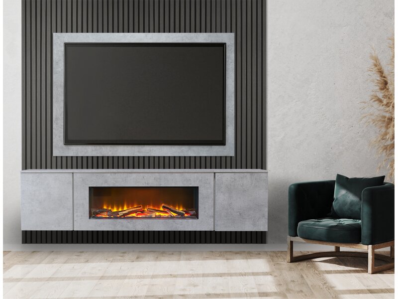Acantha Orion XO Electric Floating Media Wall Suite in Concrete Effect with TV Board & Charcoal Oak Wall Panels