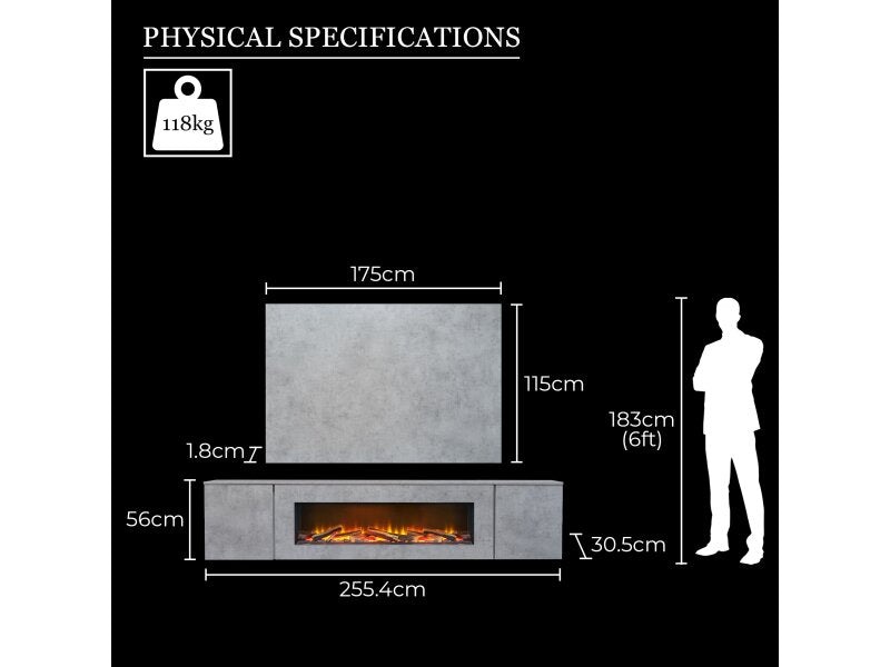 Acantha Orion Electric Floating Media Wall Suite with TV Backboard in Concrete Effect, 100 Inch