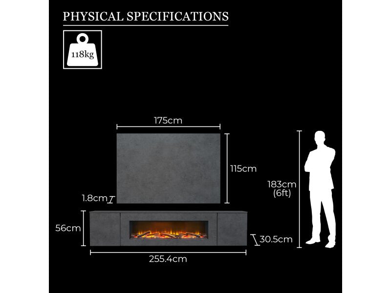 Acantha Orion Electric Floating Media Wall Suite with TV Backboard in Slate Effect, 100 Inch