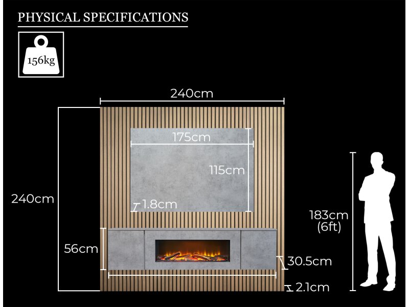 Acantha Orion XO Electric Floating Media Wall Suite in Concrete Effect with TV Board & Natural Oak Wall Panels