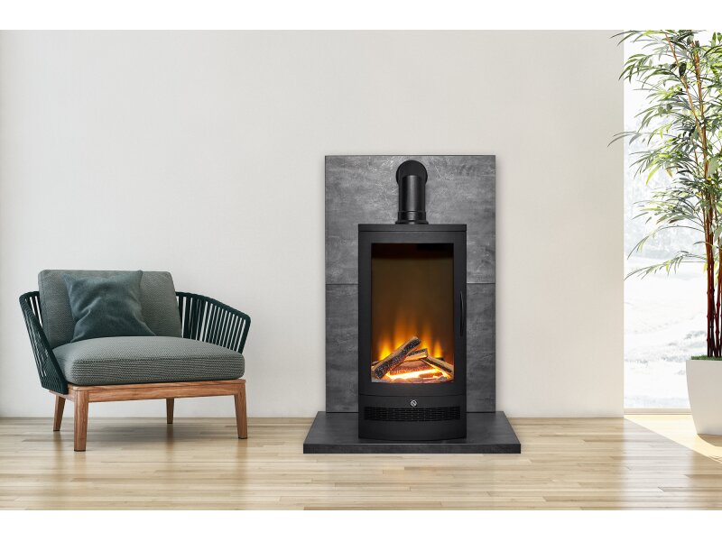 Acantha Horizon Electric Stove with Angled Stove Pipe in Black