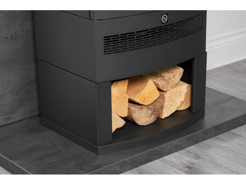 Acantha Horizon Electric Stove with Log Storage & Angled Stove Pipe in Black