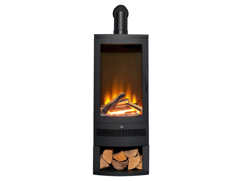 Acantha Horizon Electric Stove with Log Storage & Angled Stove Pipe in Black