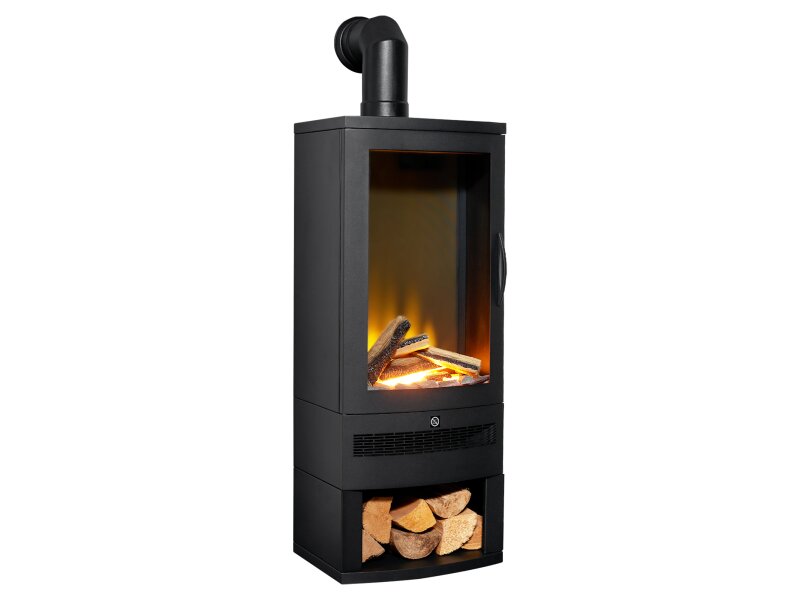 Acantha Horizon Electric Stove with Log Storage & Angled Stove Pipe in Black