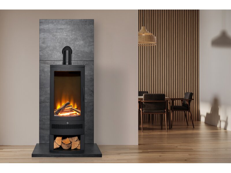 Acantha Horizon Electric Stove with Log Storage & Angled Stove Pipe in Black