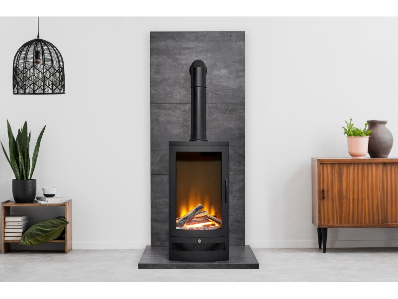 Acantha Horizon Electric Stove with Tall Angled Stove Pipe in Black