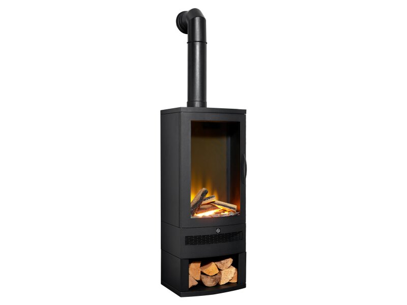 Acantha Horizon Electric Stove with Log Storage & Tall Angled Stove Pipe in Black
