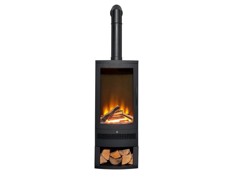 Acantha Horizon Electric Stove with Log Storage & Tall Angled Stove Pipe in Black