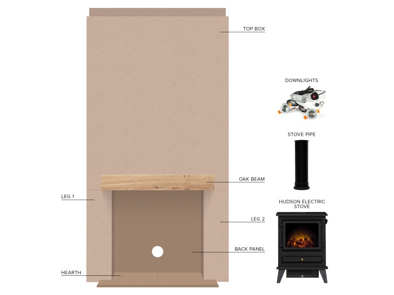 Acantha Pre-Built Stove Media Wall 1 with Hudson Electric Stove in Black