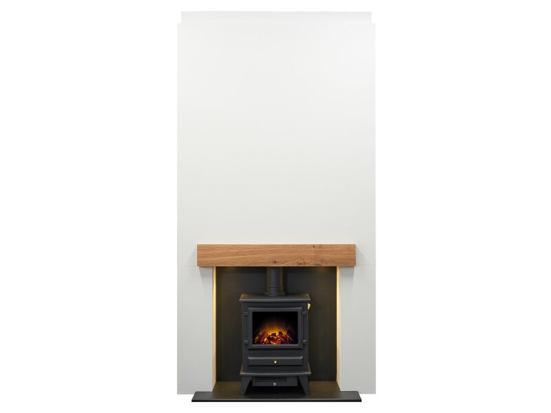 Acantha Pre-Built Stove Media Wall 1 with Hudson Electric Stove in Black