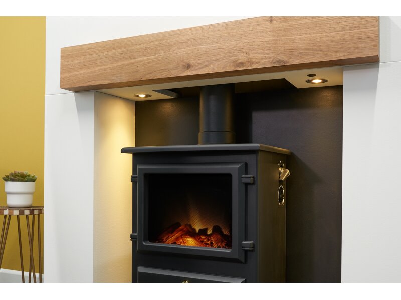 Acantha Pre-Built Stove Media Wall 1 with Hudson Electric Stove in Black