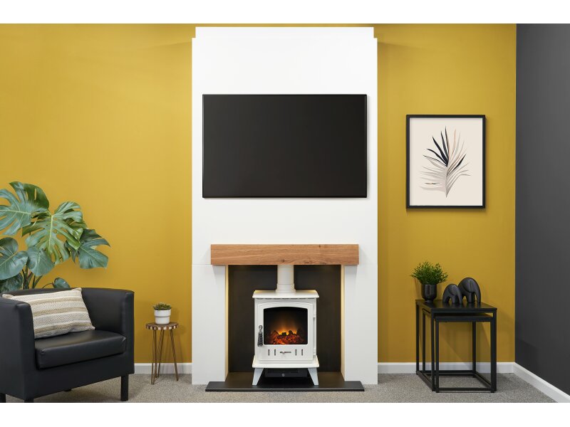 Acantha Pre-Built Stove Media Wall 1 with Aviemore Electric Stove in White