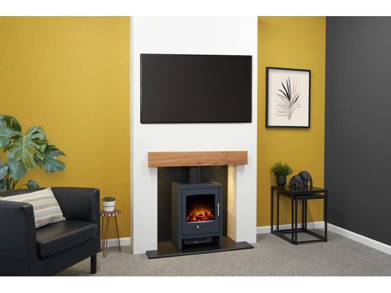 Acantha Pre-Built Stove Media Wall 1 with Bergen Electric Stove in Charcoal Grey