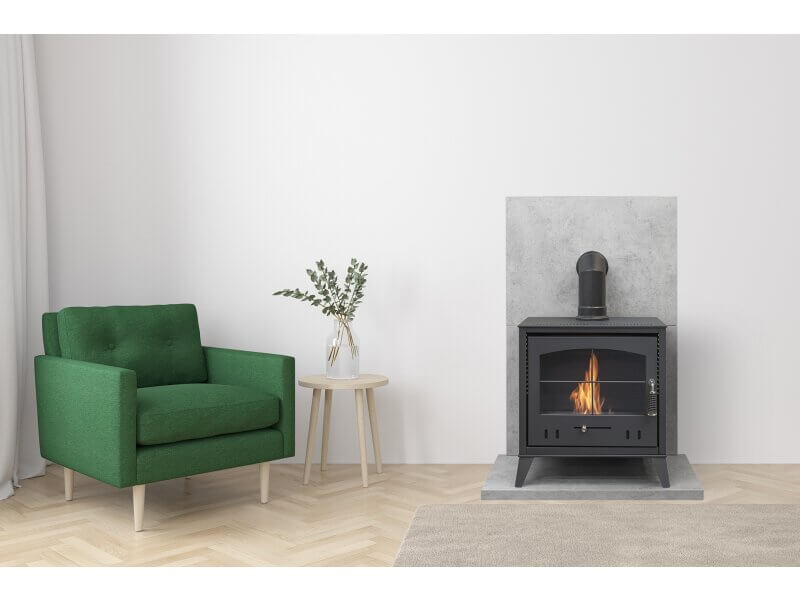 OKO S4 Bio Ethanol Stove in Charcoal Grey with Angled Stove Pipe