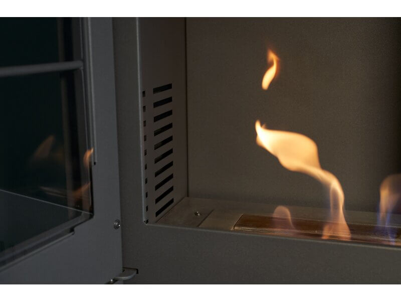 OKO S4 Bio Ethanol Stove in Charcoal Grey with Angled Stove Pipe