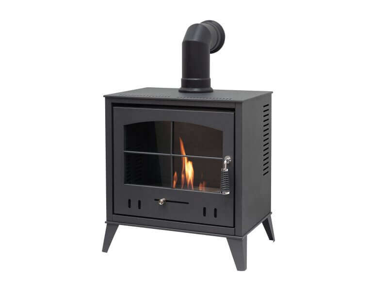 OKO S4 Bio Ethanol Stove in Charcoal Grey with Angled Stove Pipe
