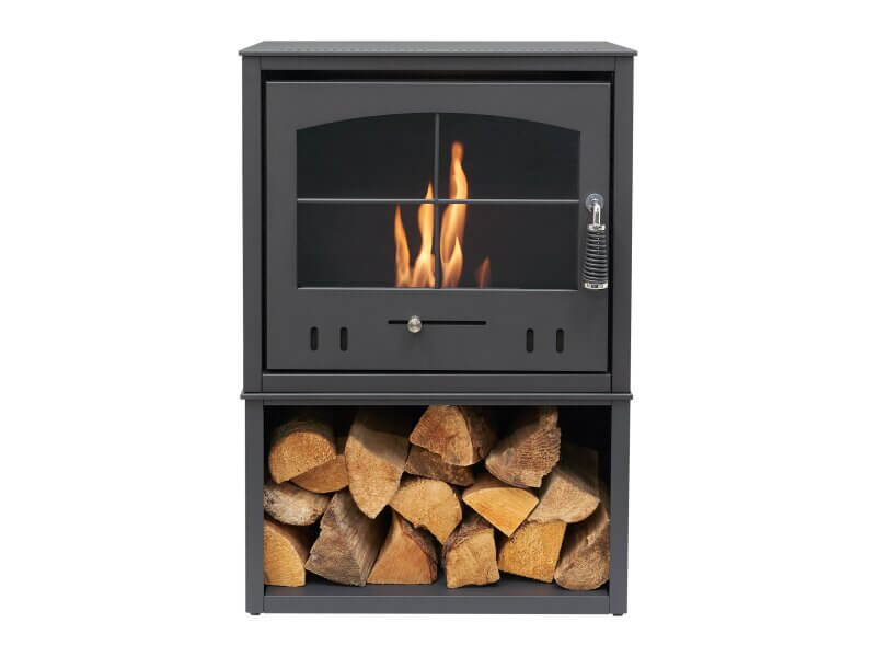 OKO S4 Bio Ethanol Stove with Log Storage in Charcoal Grey