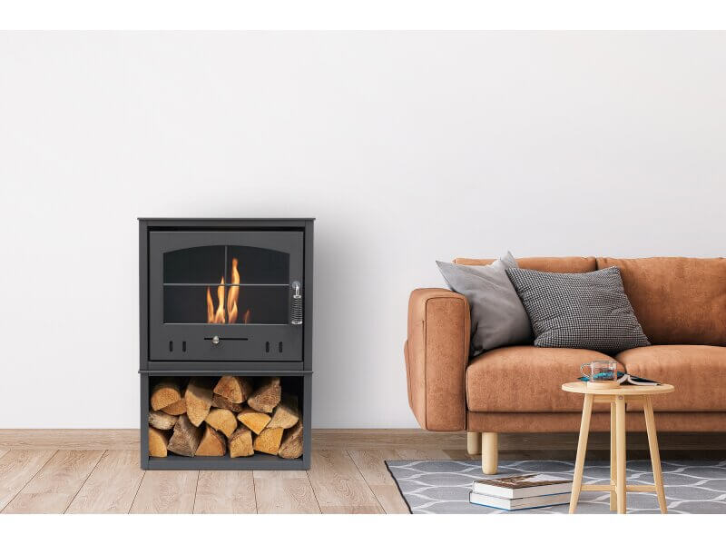 OKO S4 Bio Ethanol Stove with Log Storage in Charcoal Grey