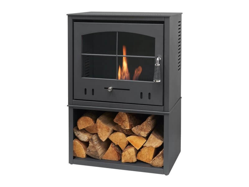 OKO S4 Bio Ethanol Stove with Log Storage in Charcoal Grey