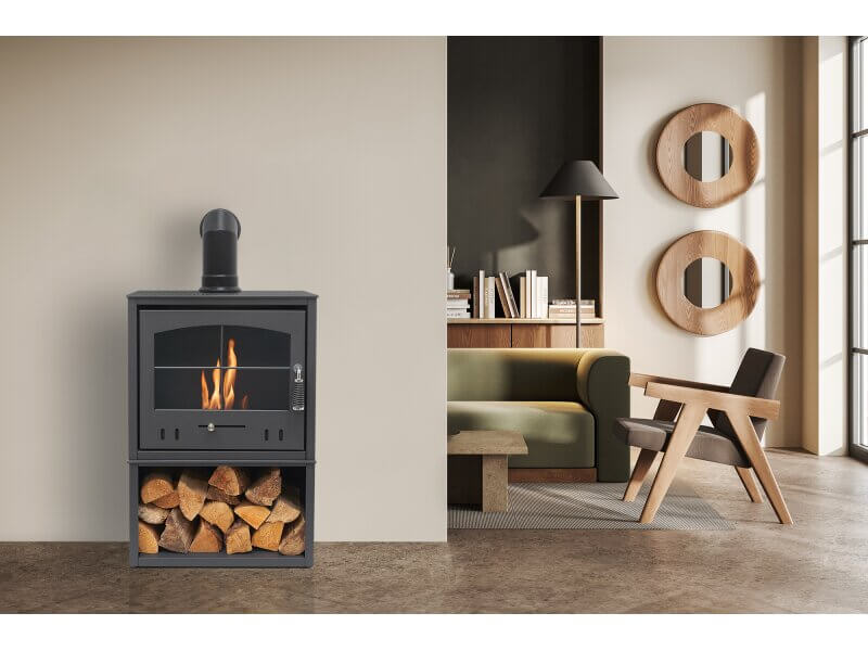 OKO S4 Bio Ethanol Stove with Log Storage in Charcoal Grey with Angled Stove Pipe