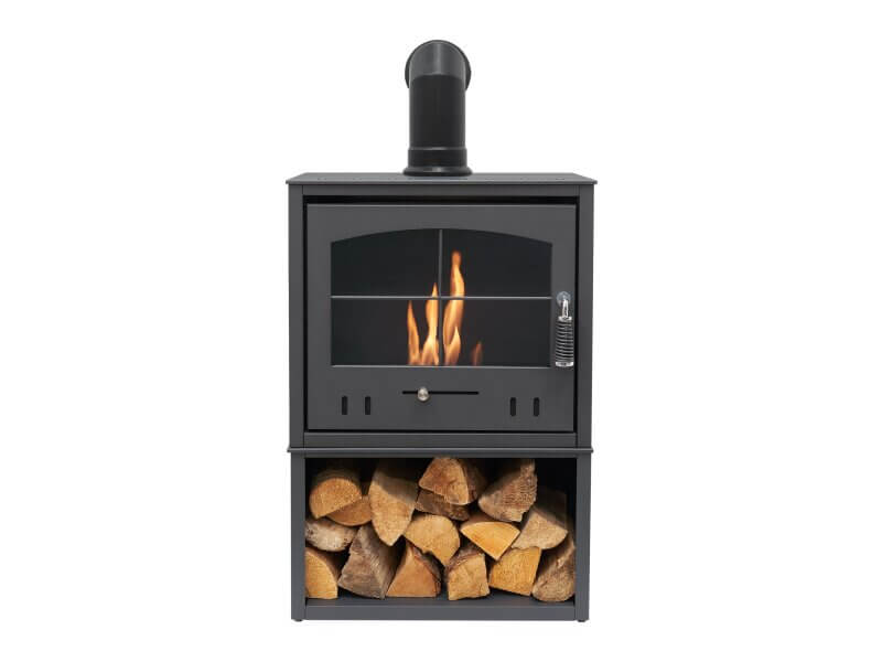 OKO S4 Bio Ethanol Stove with Log Storage in Charcoal Grey with Angled Stove Pipe