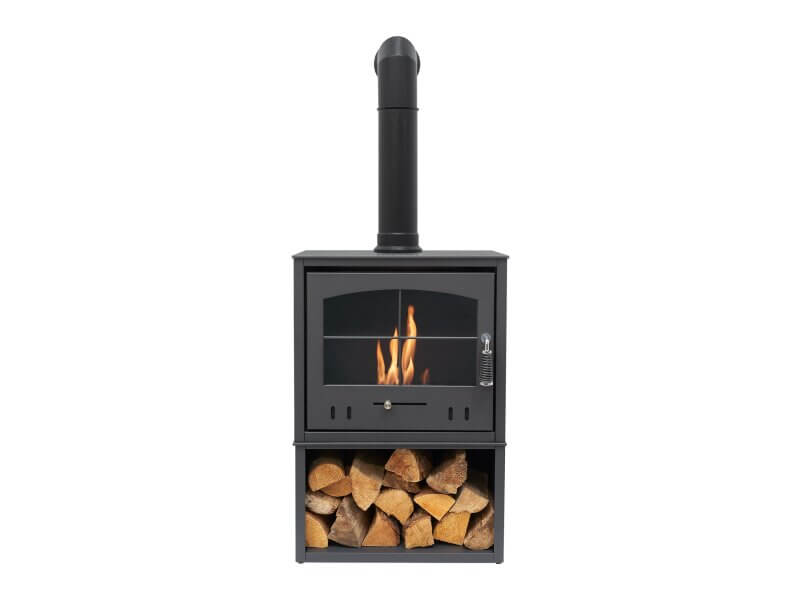 OKO S4 Bio Ethanol Stove with Log Storage in Charcoal Grey with Tall Angled Stove Pipe