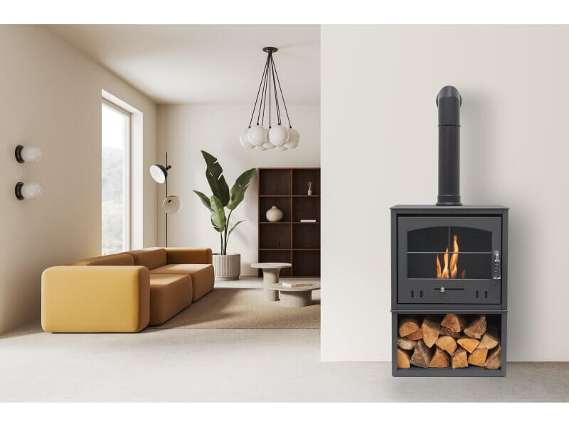 OKO S4 Bio Ethanol Stove with Log Storage in Charcoal Grey with Tall Angled Stove Pipe