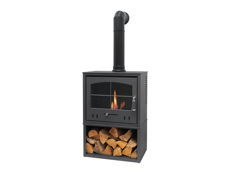 OKO S4 Bio Ethanol Stove with Log Storage in Charcoal Grey with Tall Angled Stove Pipe