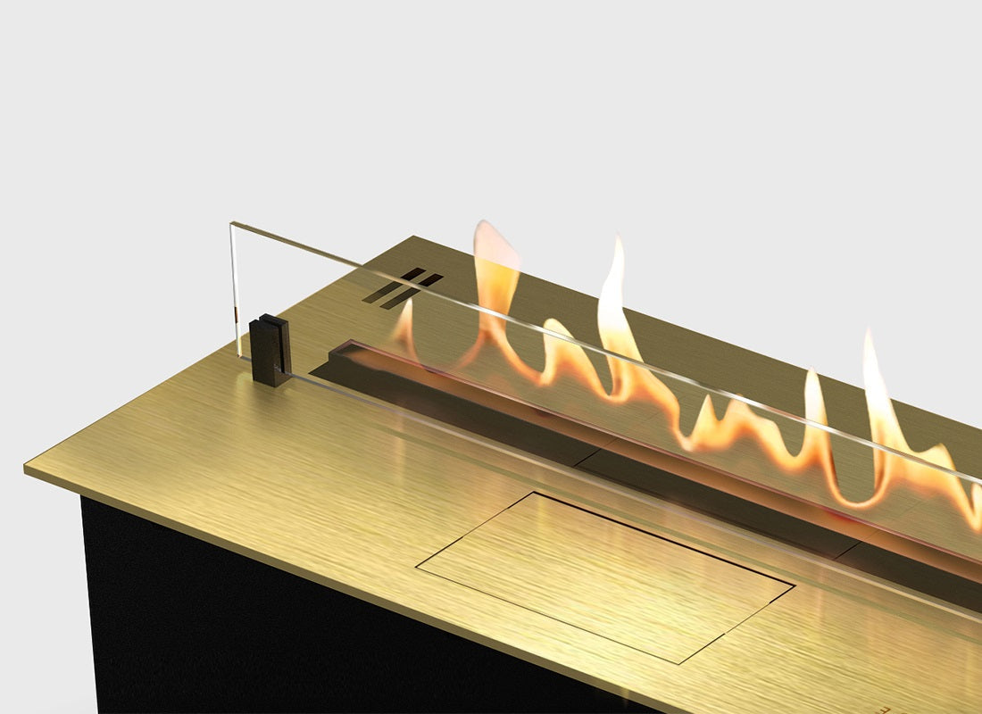 DALEX 1300 gold automatic bioethanol fireplace with stylish design and flames dancing.