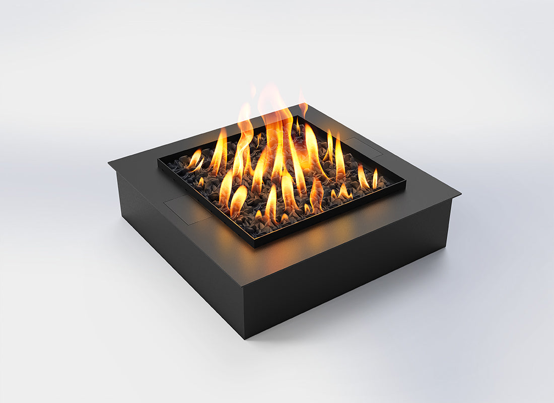 Automatic bioethanol fireplace DALEX Quadrat 600 with flames, modern black metal design, and advanced safety features.