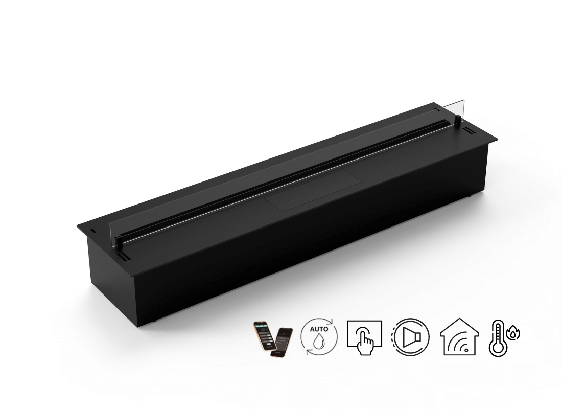Automatic bioethanol fireplace DALEX Touch 1000 with sleek design and control icons.
