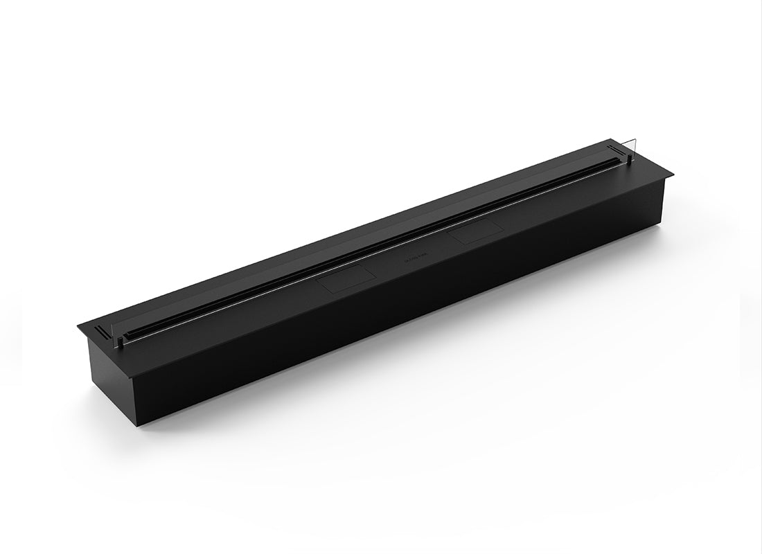 Automatic bioethanol fireplace DALEX 1800, sleek design, dimensions 1800x205x280 mm, electronic control and safety features.