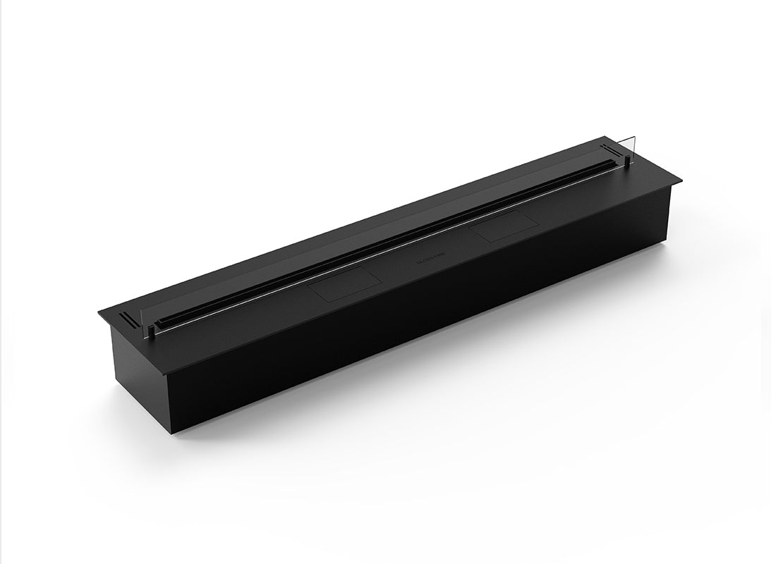 Automatic bioethanol fireplace DALEX 1400, sleek black design, dimensions 1400mm x 205mm x 280mm, with remote control.