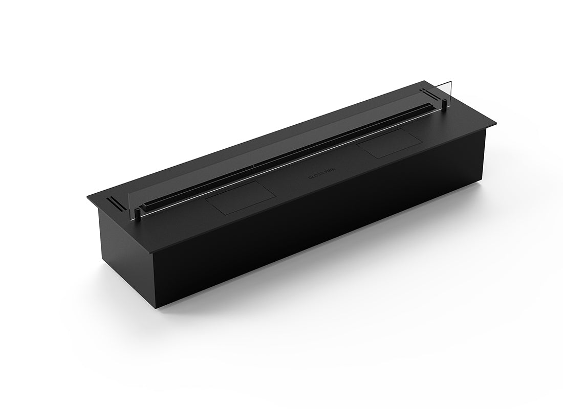 Automatic bioethanol fireplace DALEX 1000, sleek black design, efficient burner insert with safety features.